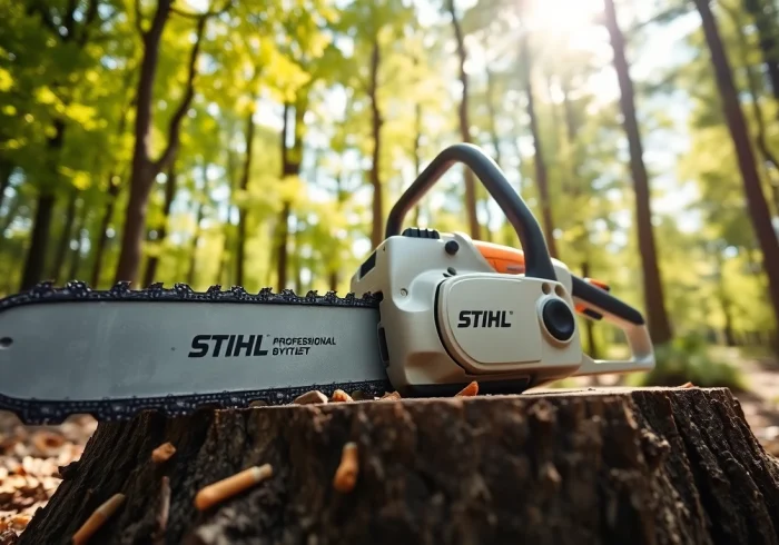 Stihl Kettensäge auf einem Baumstumpf im Wald mit frischem Holzspäne.