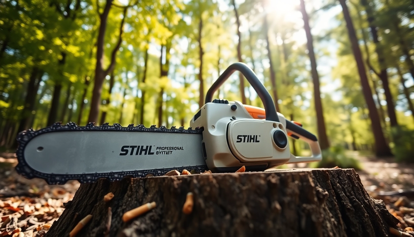 Stihl Kettensäge auf einem Baumstumpf im Wald mit frischem Holzspäne.