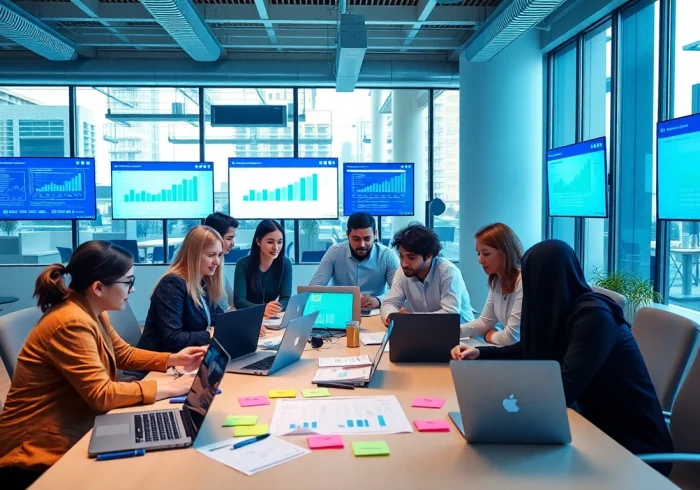 Showcasing a team from social media marketing companies edmonton collaborating in a modern office workspace.