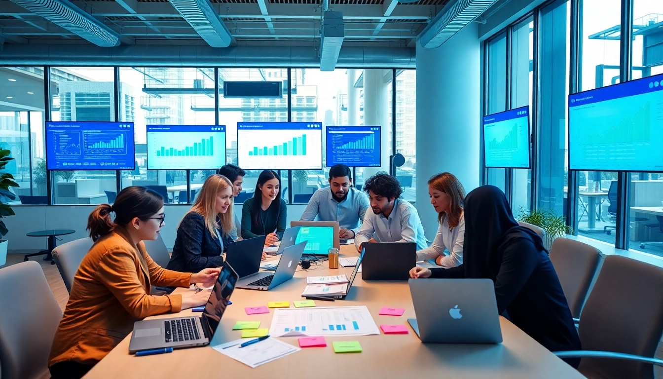 Showcasing a team from social media marketing companies edmonton collaborating in a modern office workspace.