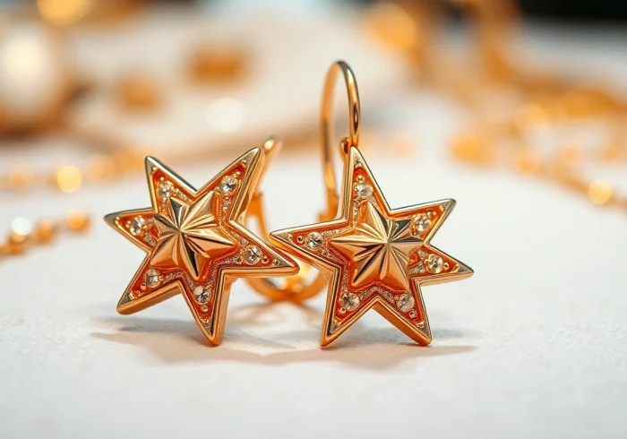 Showcase earrings gold stars adorned with intricate details and warm, inviting light.
