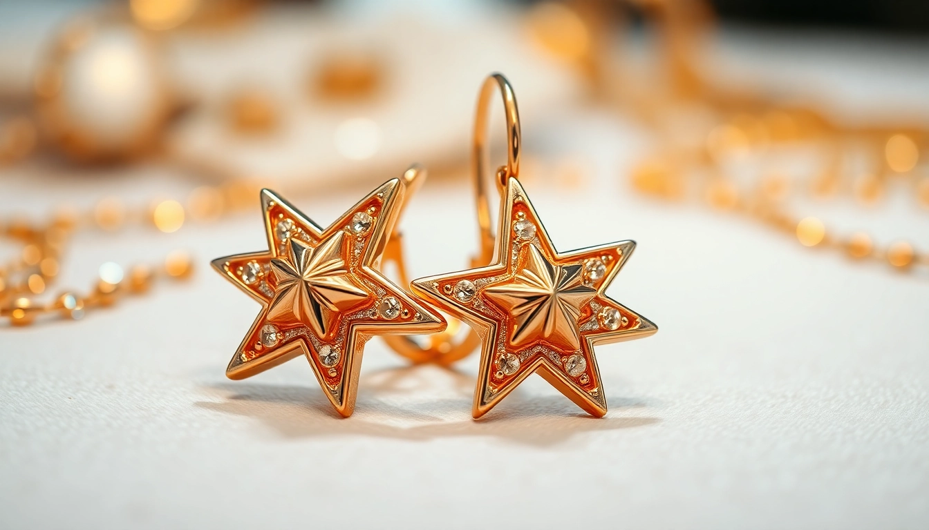 Showcase earrings gold stars adorned with intricate details and warm, inviting light.