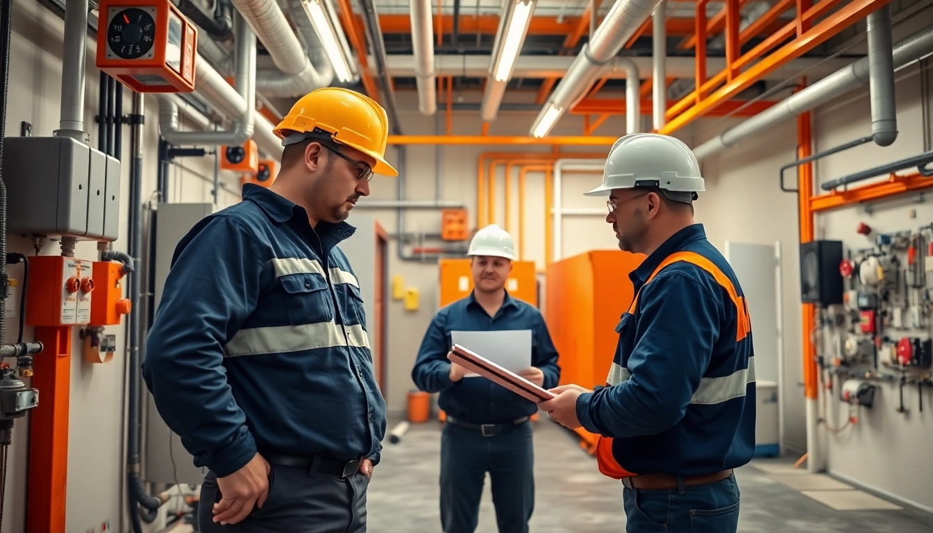 Technicians conducting fire protection system inspections in a safety-enhanced industrial setting.