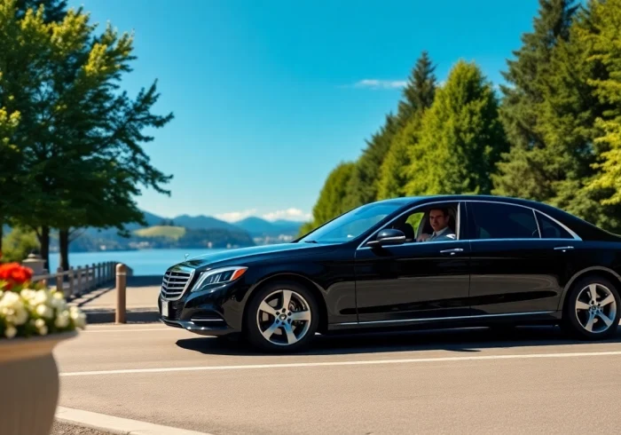 Car service from Seattle to Vancouver with a luxurious sedan in a scenic setting