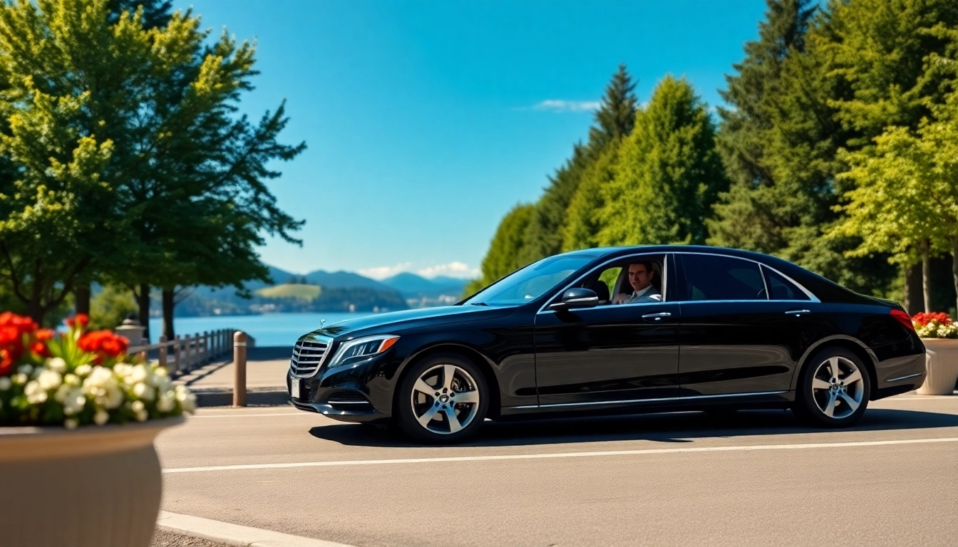 Car service from Seattle to Vancouver with a luxurious sedan in a scenic setting