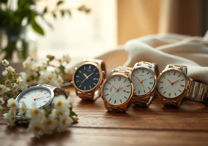 Damen Armbanduhren in elegant Designs auf einem Holztablett stilvoll präsentiert.