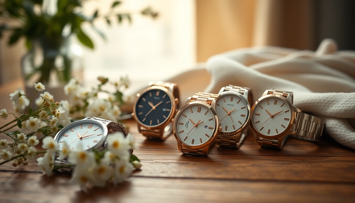 Damen Armbanduhren in elegant Designs auf einem Holztablett stilvoll präsentiert.