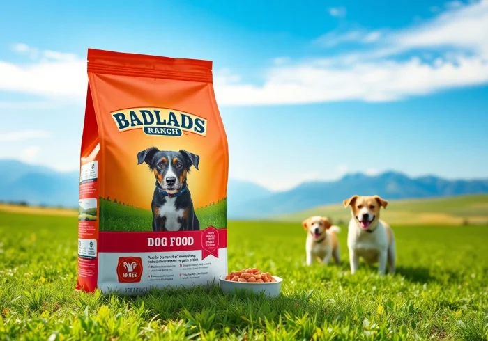 Showcase badlands ranch dog food in a vibrant meadow, promoting pet health and happiness.