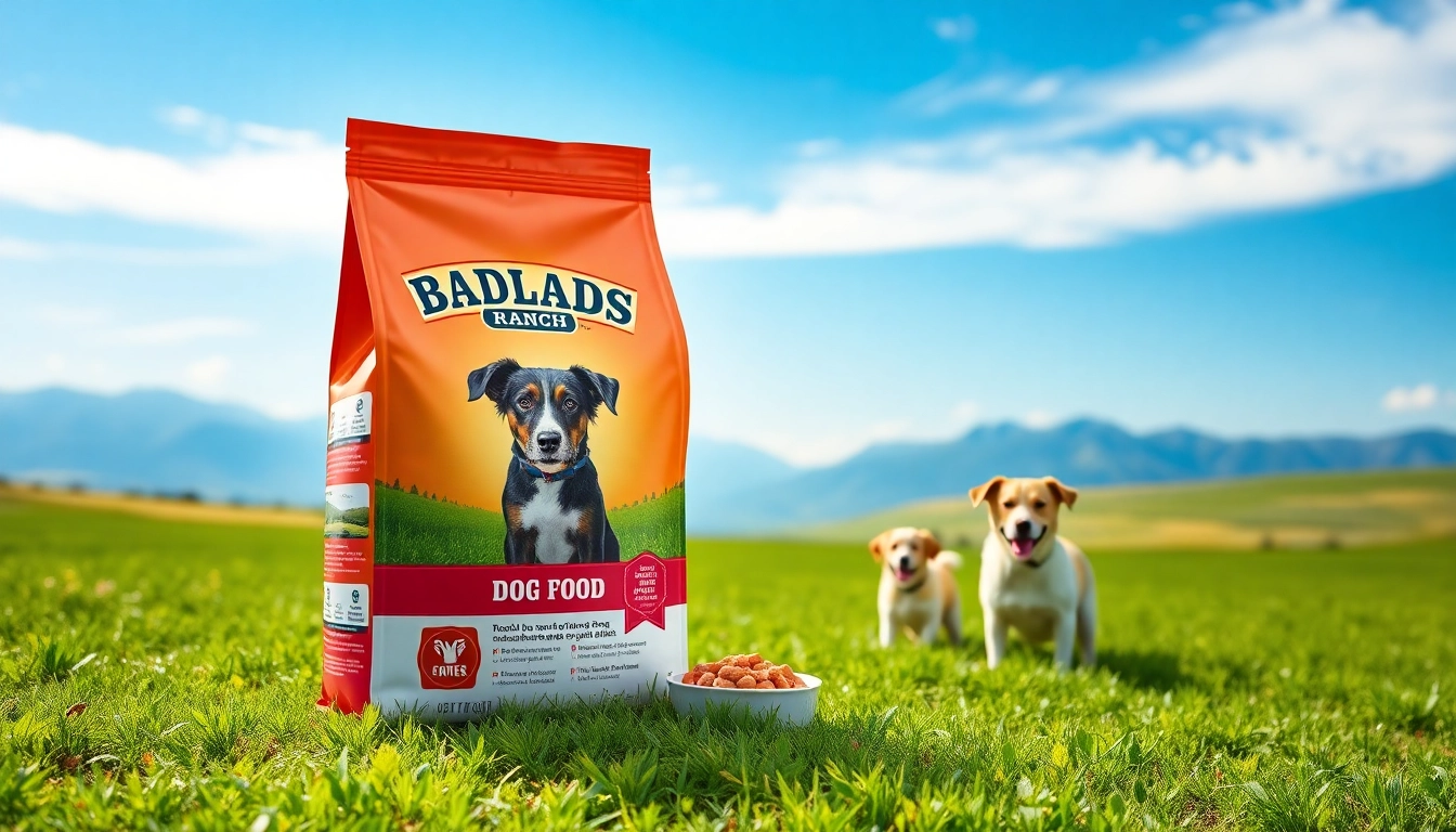 Showcase badlands ranch dog food in a vibrant meadow, promoting pet health and happiness.
