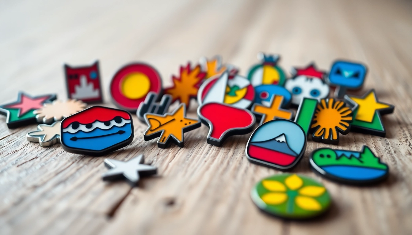 Showcasing custom acrylic pins with diverse designs and vibrant colors on a textured surface.