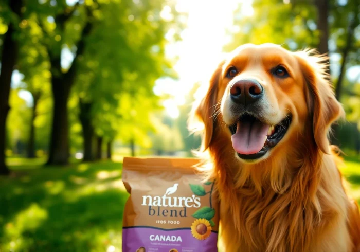 Dog enjoying nature's blend dog food canada in a vibrant park setting.