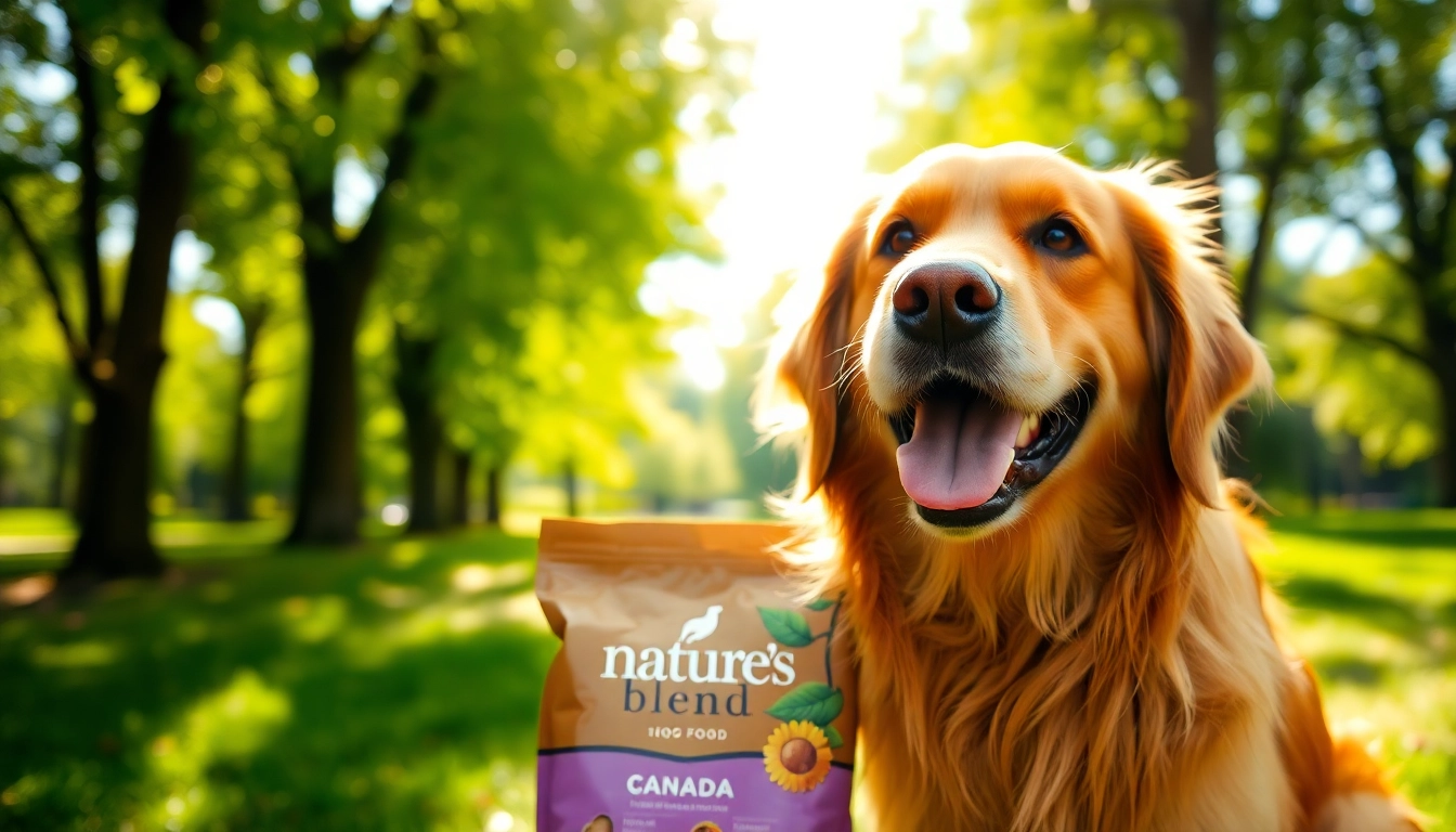 Dog enjoying nature's blend dog food canada in a vibrant park setting.