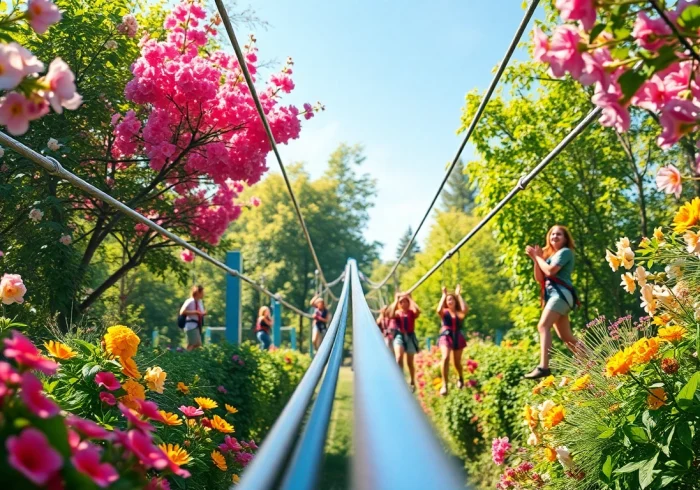 Engaging view of a GARDEN ZIP WIRE KIT setup in a vibrant garden, showcasing fun outdoor activities.