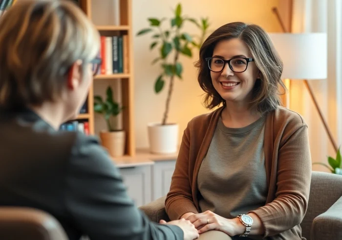 Attachment theory specialist actively engaging in a therapeutic session with a client in a cozy office setting.