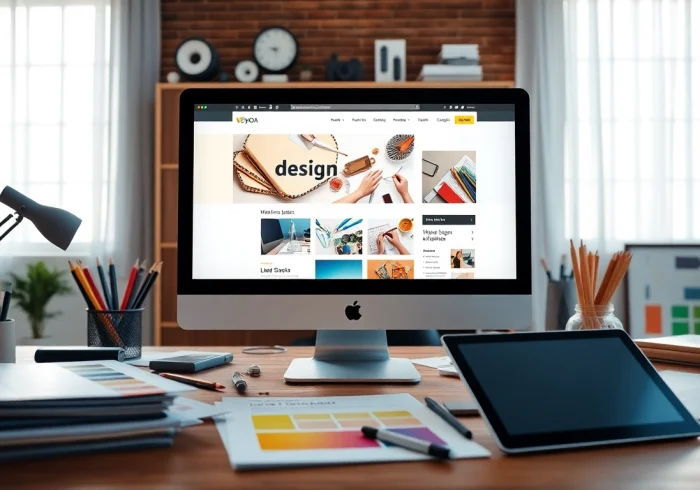 Create an engaging website design in a modern workspace with design tools and a computer.