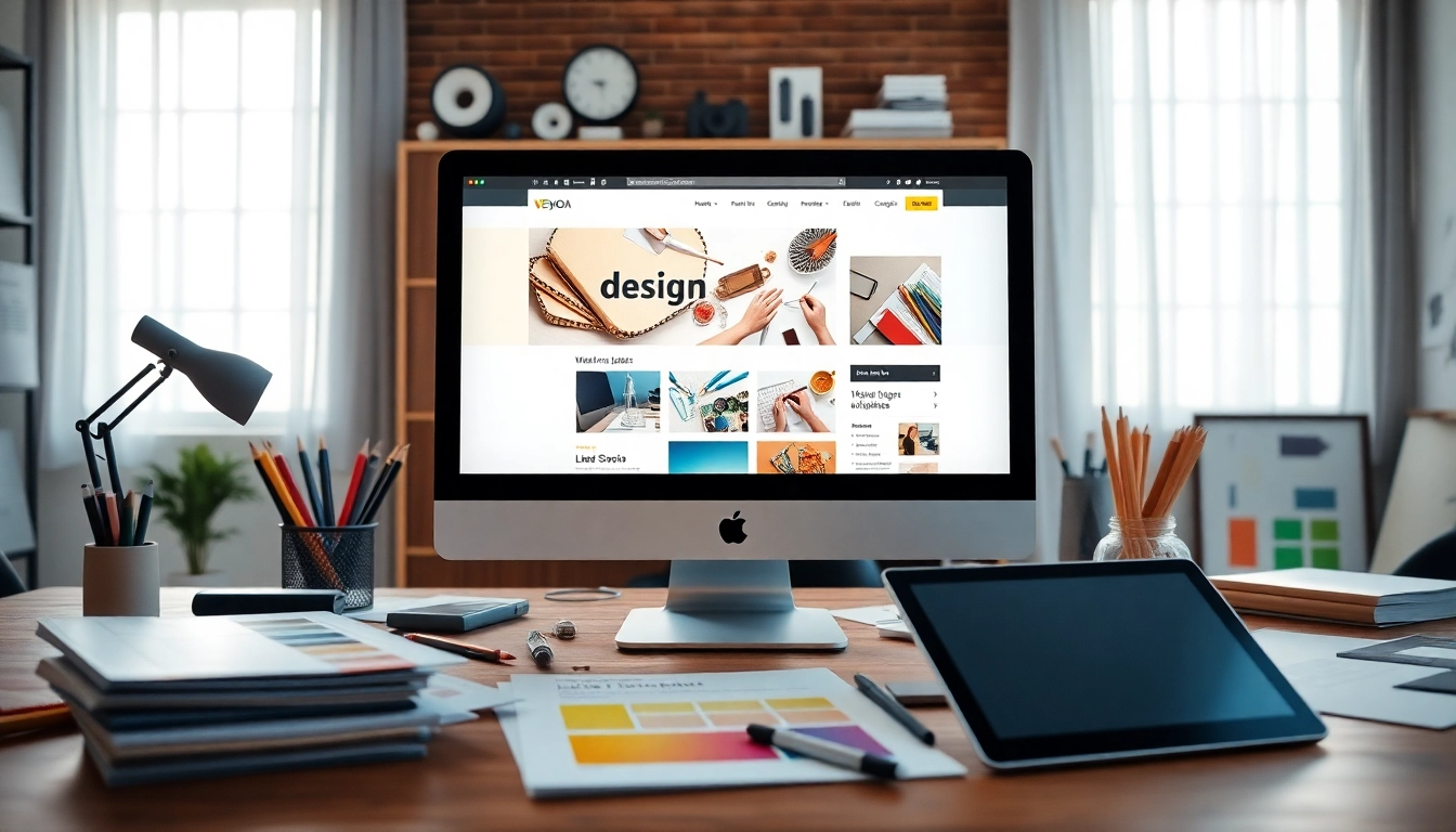 Create an engaging website design in a modern workspace with design tools and a computer.