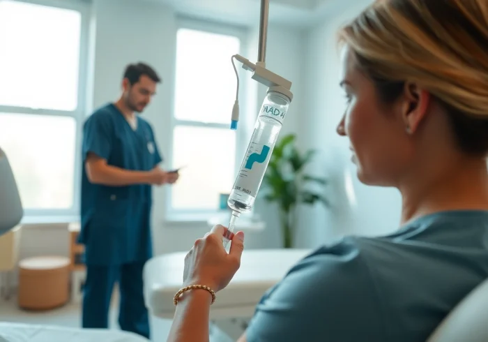 NAD+ IV therapy near me being administered by a healthcare provider in a serene clinic.