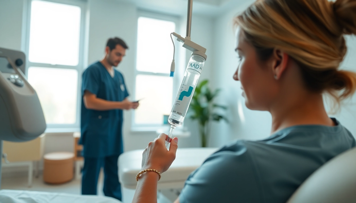 NAD+ IV therapy near me being administered by a healthcare provider in a serene clinic.