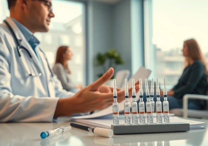 Understanding Peptide Therapy benefits with a healthcare professional in a calm, inviting clinic.