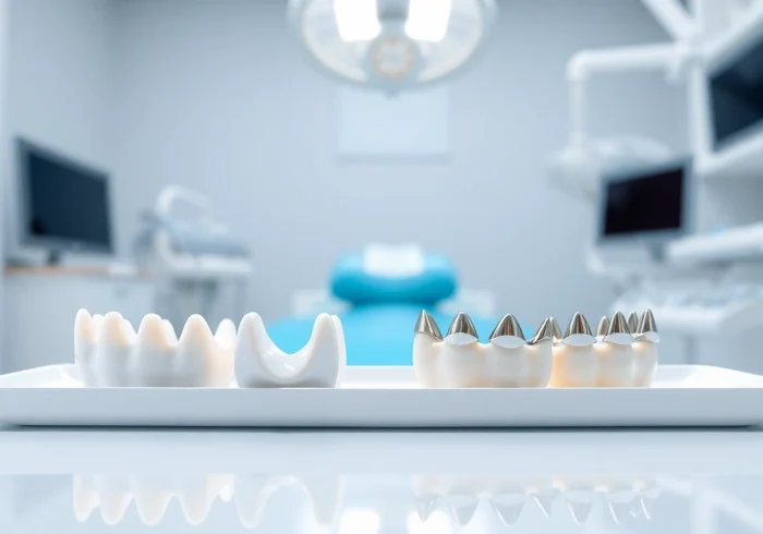 Crowns in a dental clinic showcasing different styles and materials with a professional setup.