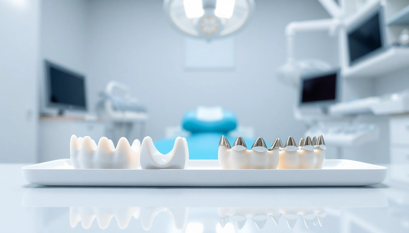 Crowns in a dental clinic showcasing different styles and materials with a professional setup.