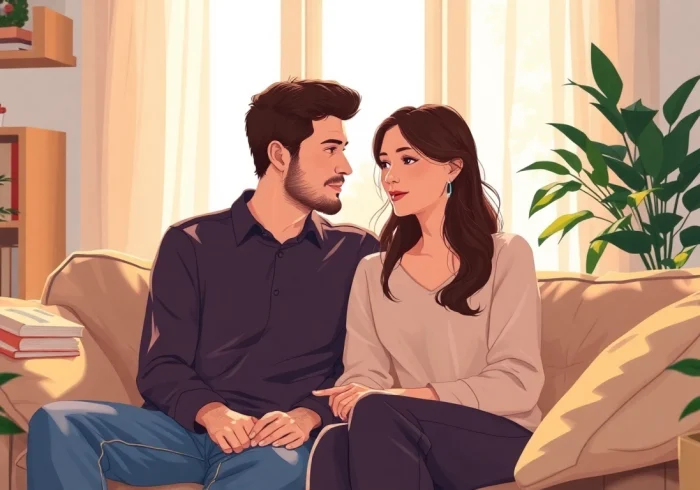 Couple communicating in relationships, showcasing empathy and understanding in a cozy setting.