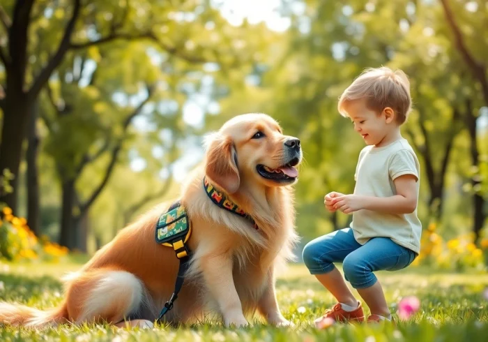 Engaging scene of autism service dogs for sale helping children in a park setting.