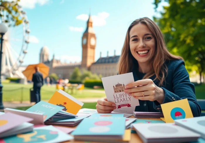 Send greeting cards London featuring a person joyfully selecting colorful cards in a sunny park.