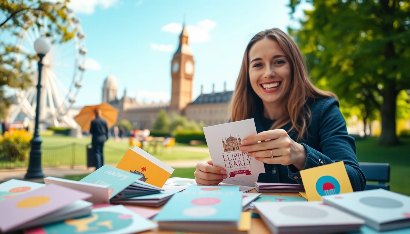 Send greeting cards London featuring a person joyfully selecting colorful cards in a sunny park.