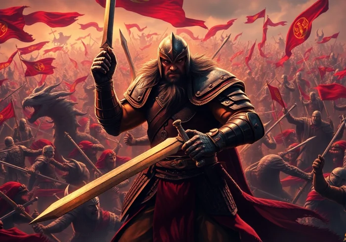 Engage with Warlords 2 download showcasing a heroic armored warrior in a fantasy battle.