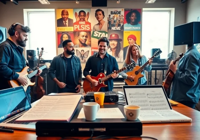 Engaging scene of music pitching process in a studio with producers and artists collaborating.