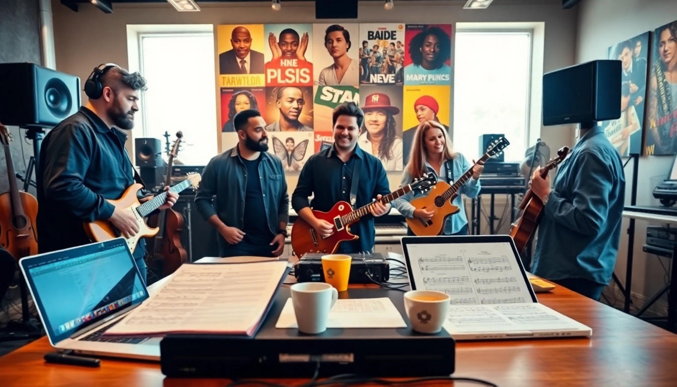 Engaging scene of music pitching process in a studio with producers and artists collaborating.