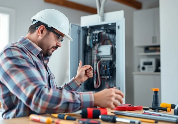 Electrician performing an Electrical Panel Upgrade with tools and safety gear in a well-lit home.