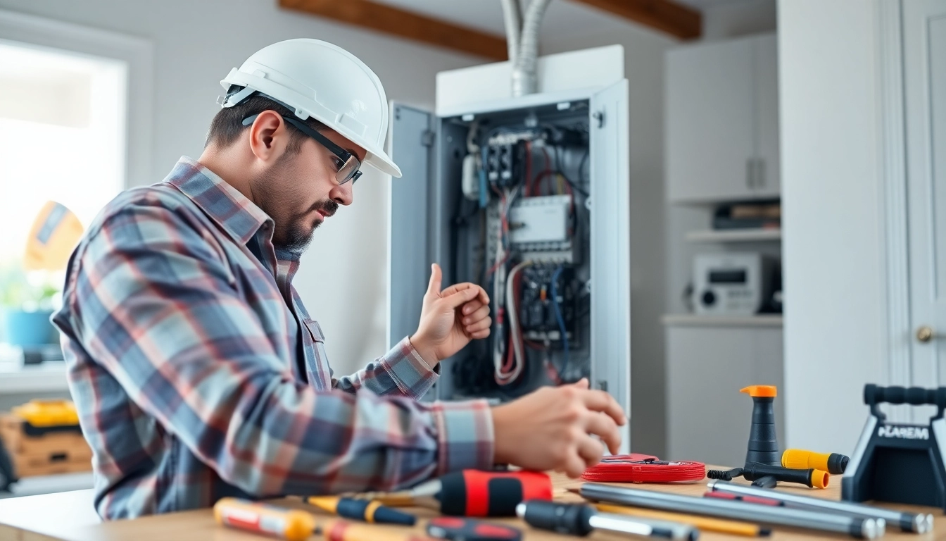 Electrician performing an Electrical Panel Upgrade with tools and safety gear in a well-lit home.
