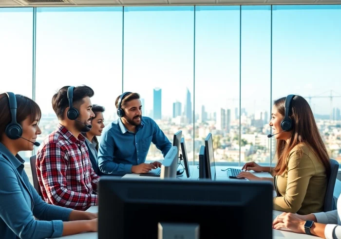 Agents at a call center in Tijuana collaborating in a modern office setting, showcasing teamwork and professionalism.