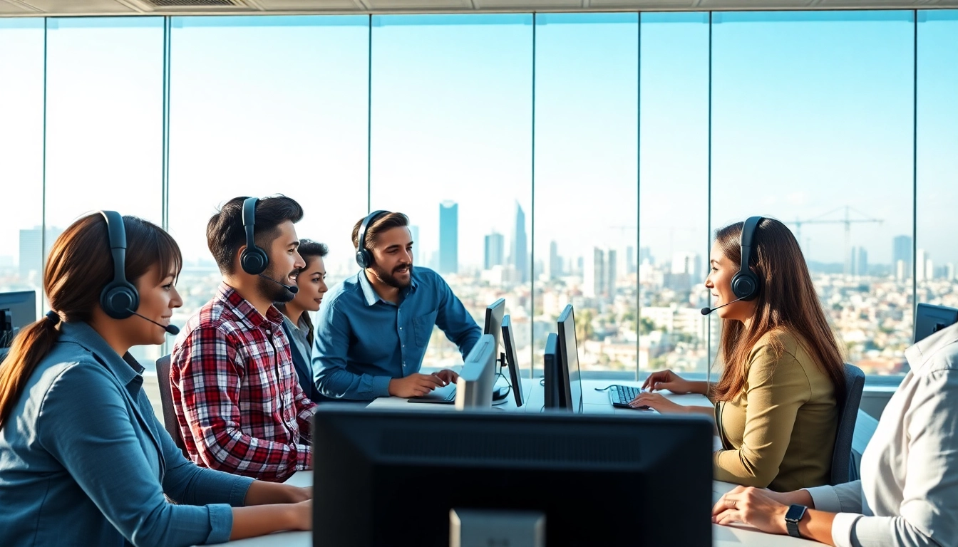 Agents at a call center in Tijuana collaborating in a modern office setting, showcasing teamwork and professionalism.