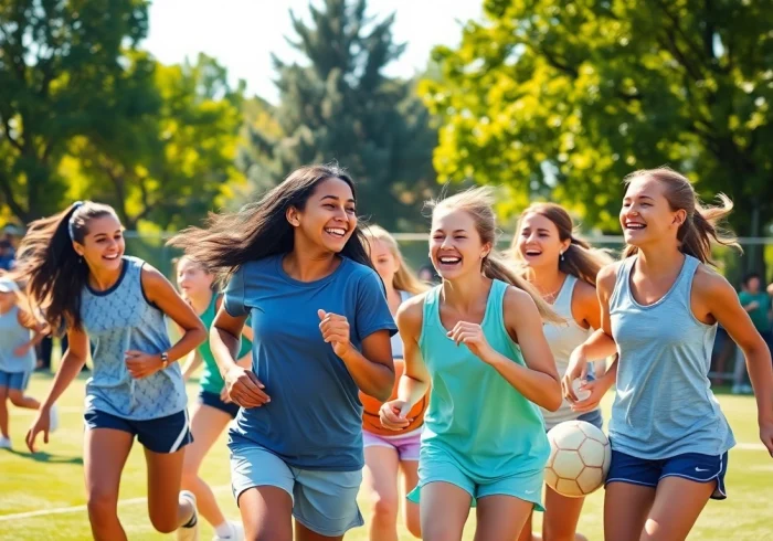Girls enjoying Multi Sports Camps for Girls, engaging in soccer, basketball, and tennis.