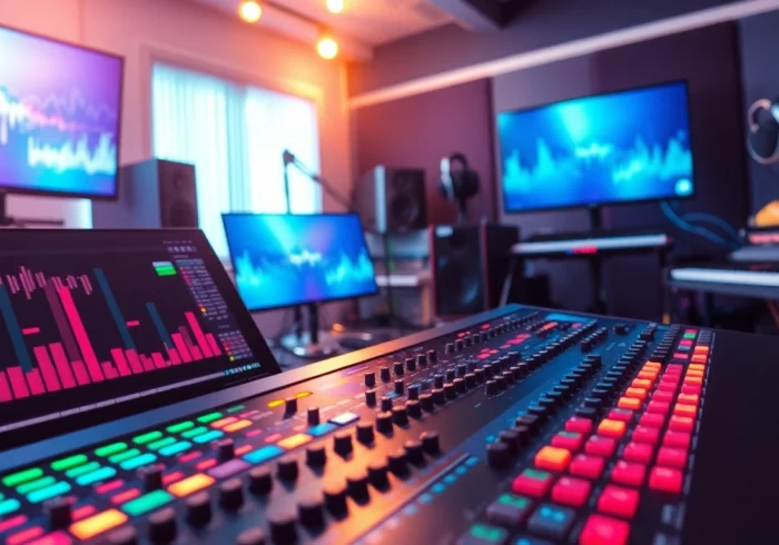 Discover a Free Drum and Bass Sample with vibrant production tools in a cozy music studio