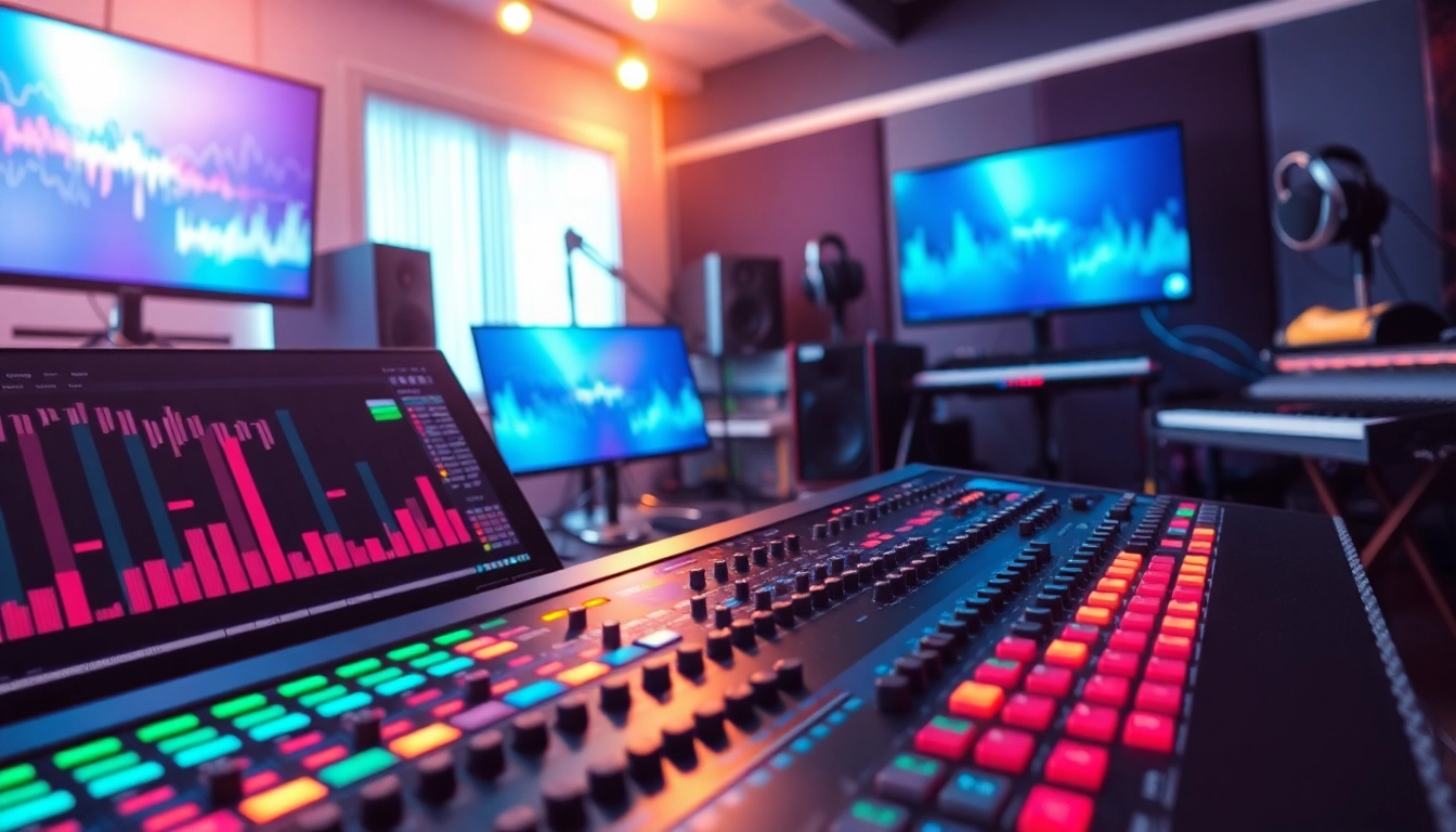 Discover a Free Drum and Bass Sample with vibrant production tools in a cozy music studio