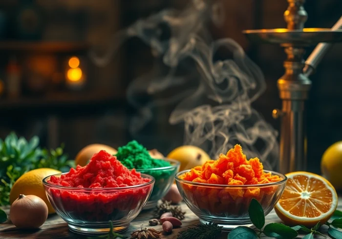Arrange shisha hookah flavors with vibrant fruits and herbs on a rustic wooden table.