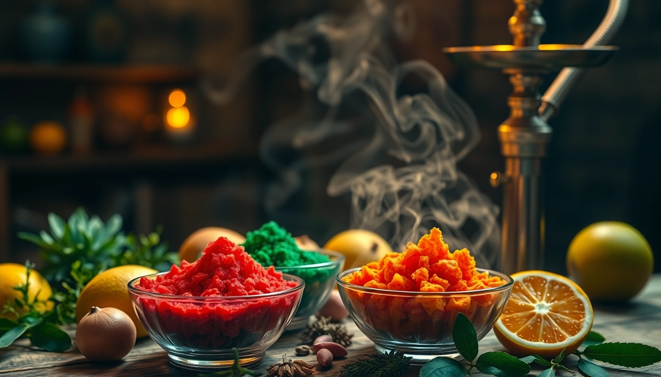 Arrange shisha hookah flavors with vibrant fruits and herbs on a rustic wooden table.