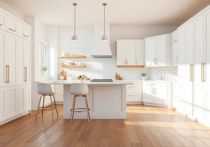 Showcase of white kitchen cabinets enhancing a modern rustic kitchen interior.