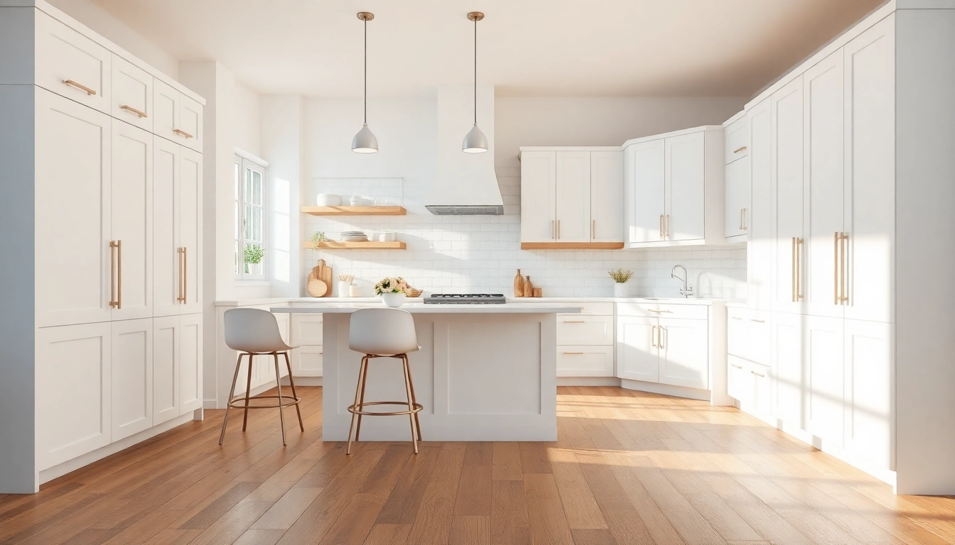 Showcase of white kitchen cabinets enhancing a modern rustic kitchen interior.