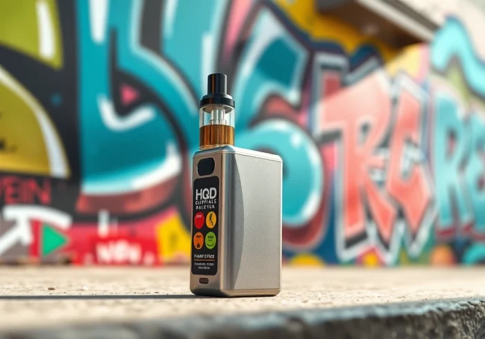 Experience the vibrant HQD Cuvie with distinctive flavors against an urban graffiti backdrop.