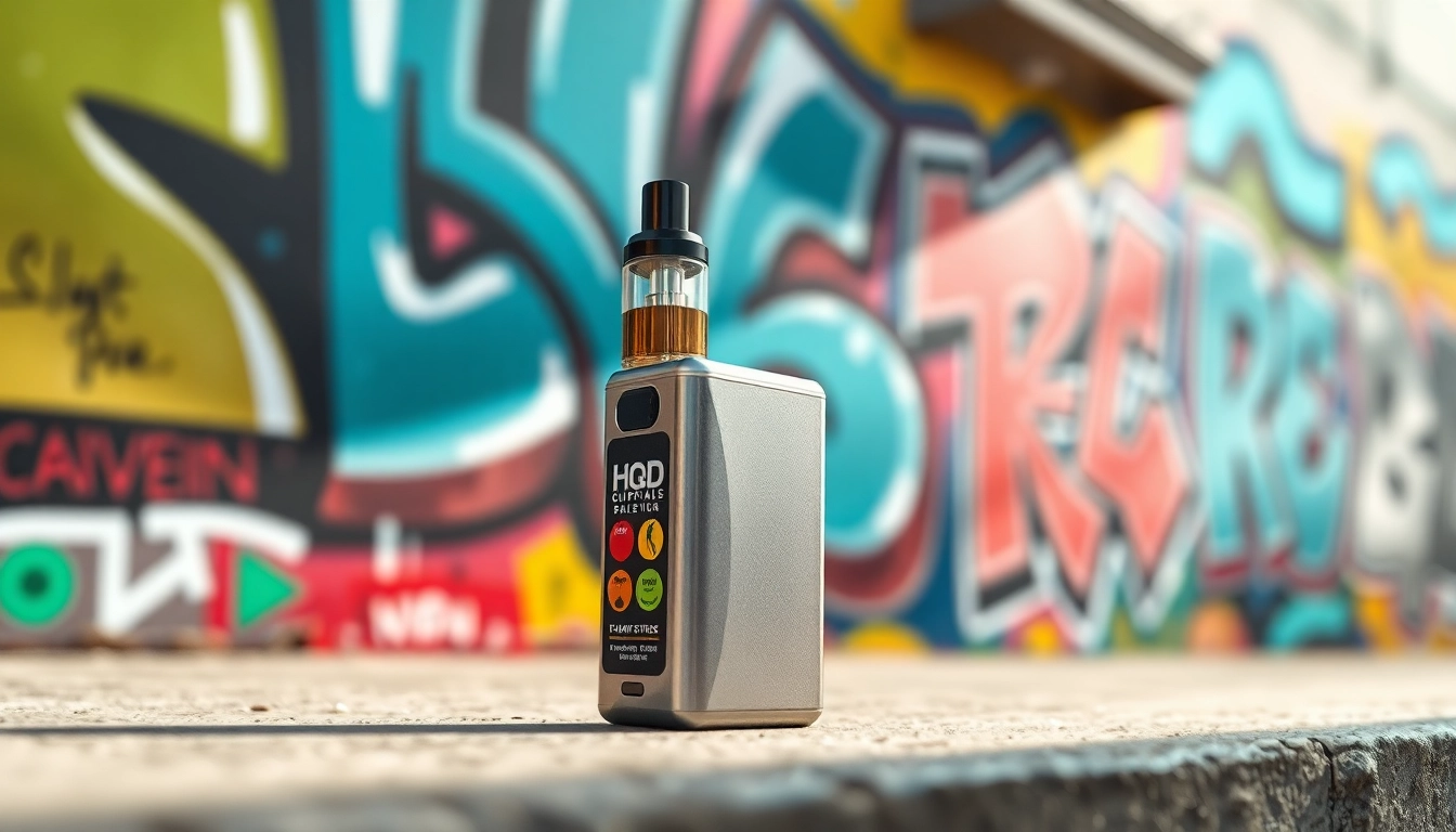 Experience the vibrant HQD Cuvie with distinctive flavors against an urban graffiti backdrop.