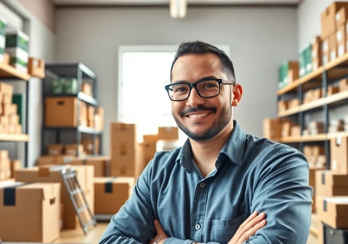 Engaged Amazon FBA wholesale seller managing inventory in an organized office setting.