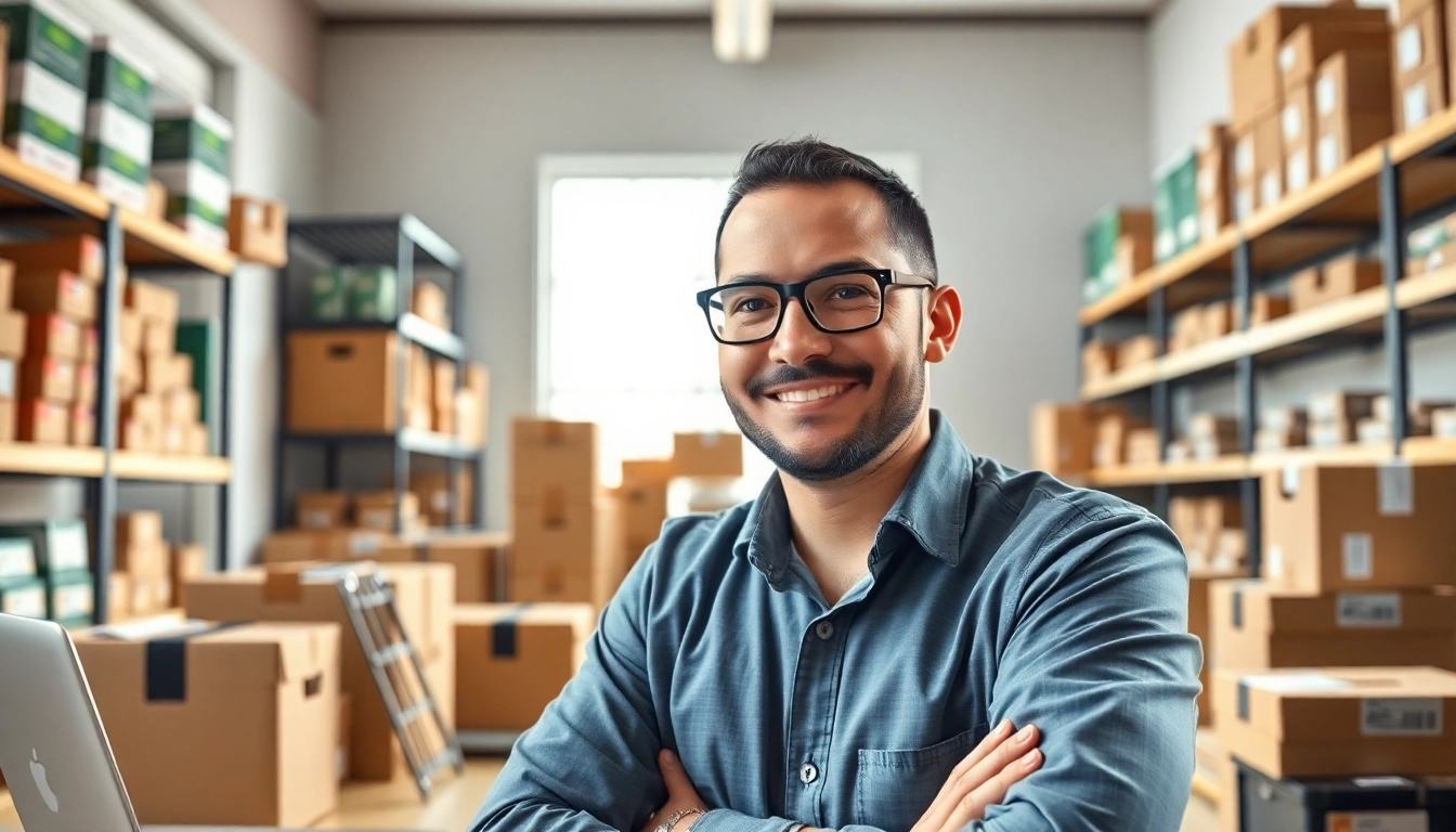Engaged Amazon FBA wholesale seller managing inventory in an organized office setting.