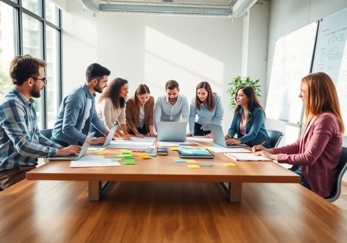 Collaborating on Product Development with a diverse team in a modern office setting.
