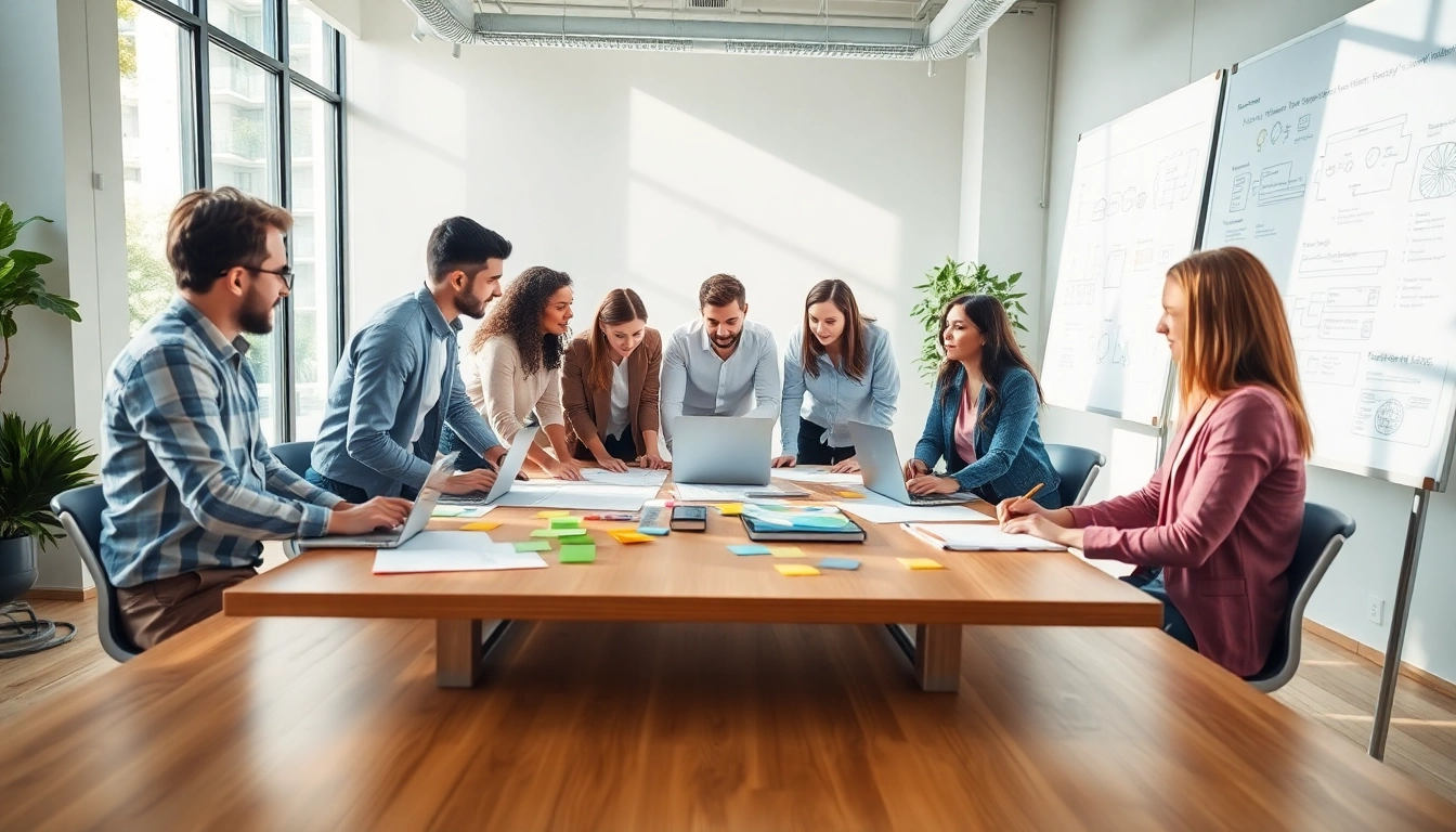 Collaborating on Product Development with a diverse team in a modern office setting.