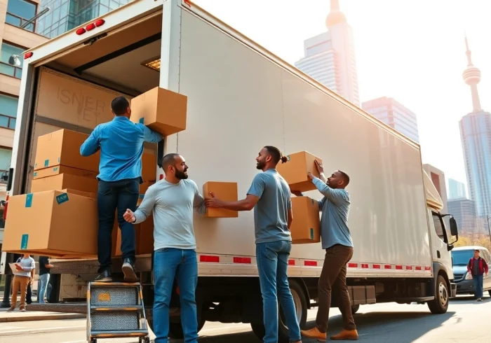 Efficient moving services in Toronto with professional movers handling heavy boxes carefully.